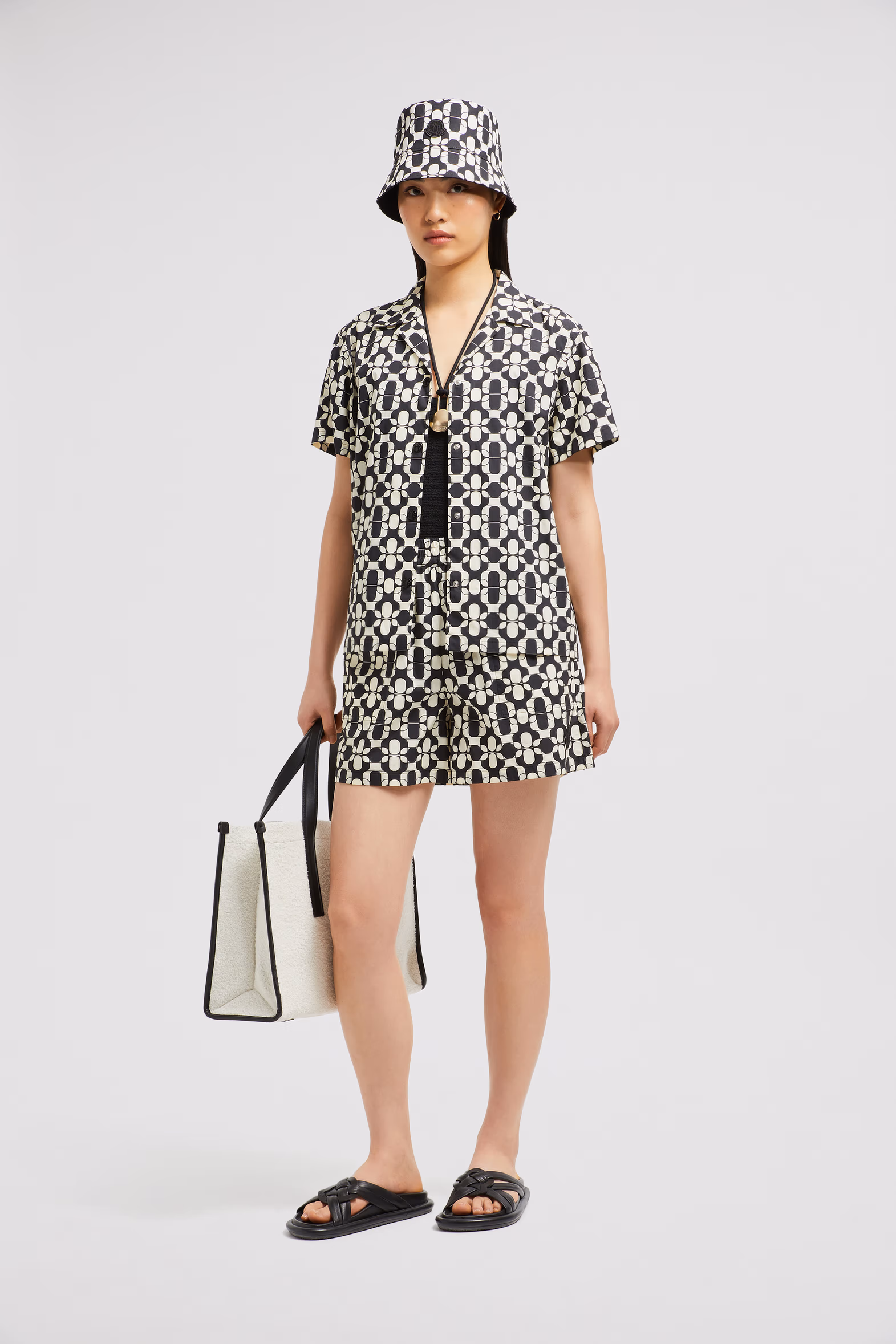 Short en coton à imprimé géométrique Femmes Bleu & Blanc Moncler 0